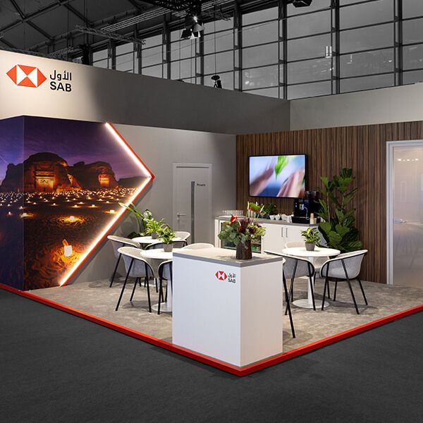 Display International realisierte für SAB auf der Sibos in Frankfurt einen hochwertigen Messestand mit höchster Präzision und Detailgenauigkeit.