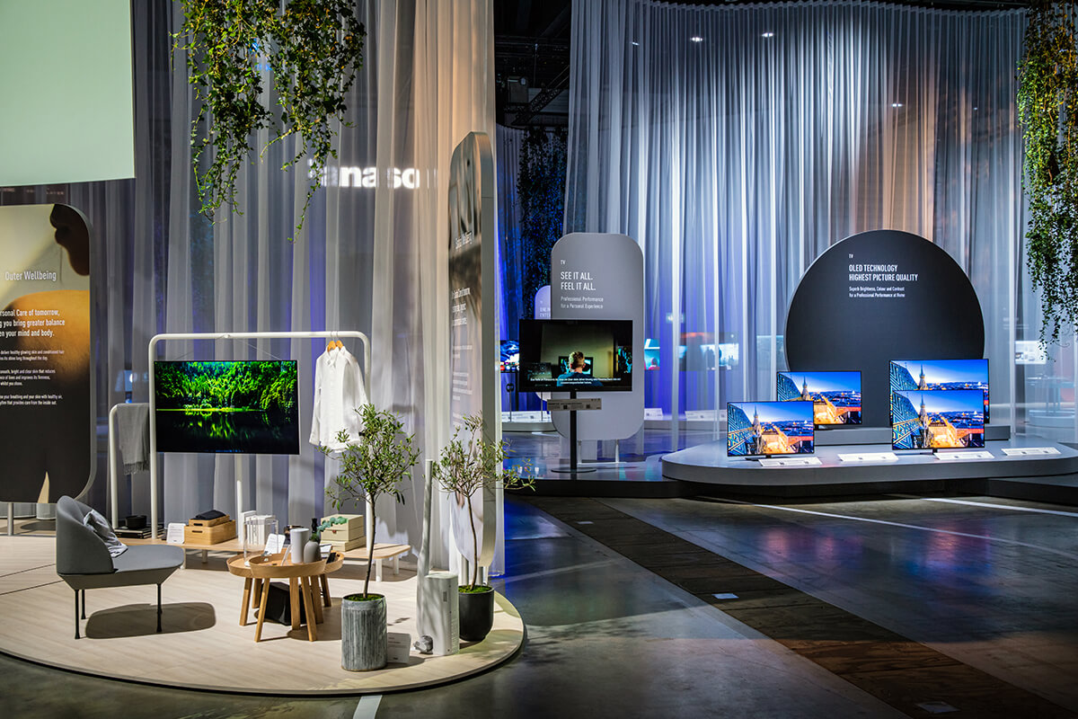 Sustainable exhibition stand of Panasonic at IFA 2022 in Berlin built by exhibition stand construction company Display International.