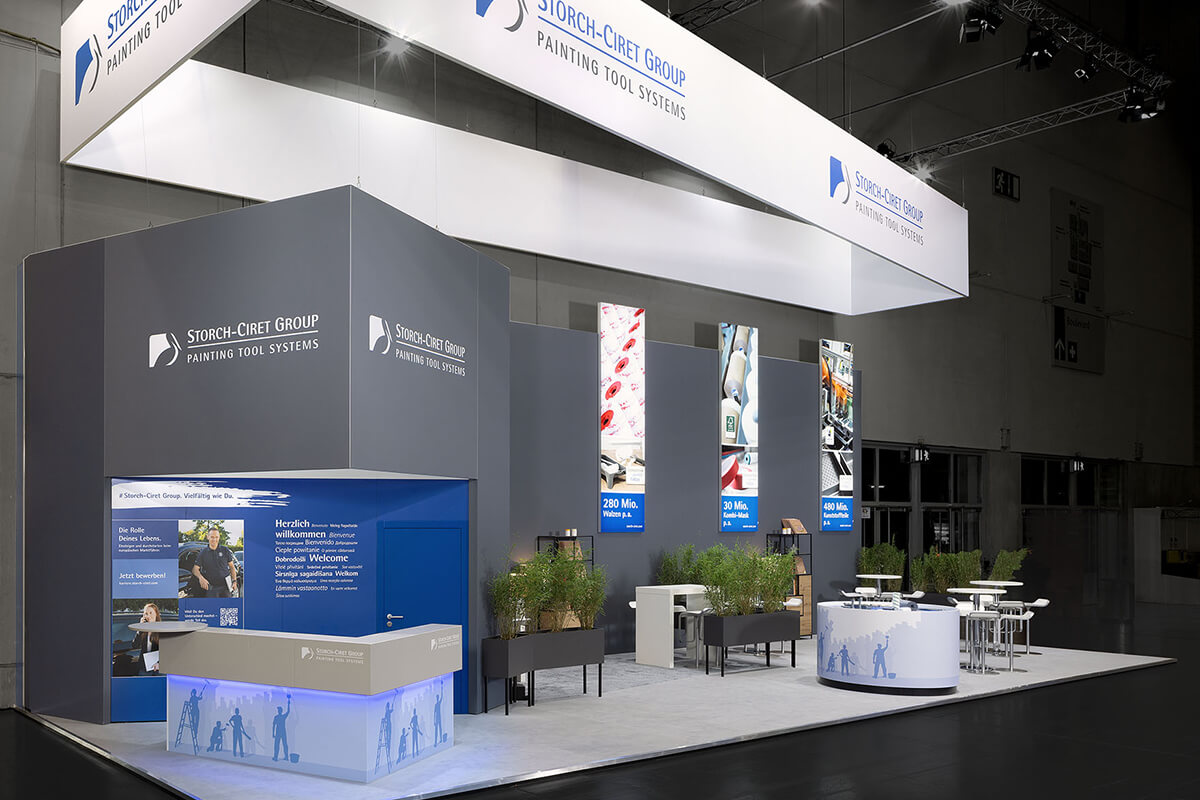 An exhibition stand that inspires visitors: meeting corners and meeting points planned by stand builder DISPLAY INTERNATIONAL.