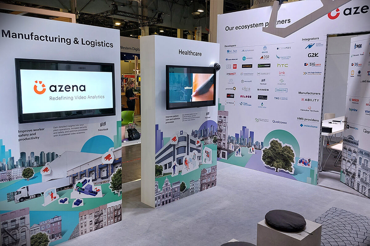 Modern exhibition booth for Azena at ICS West in Las Vegas.