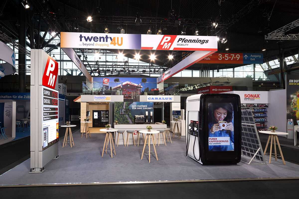 Modern exhibition stand at the Unity Expo in Stuttgart, the leading trade fair for the petrol station and car wash industry in Europe.