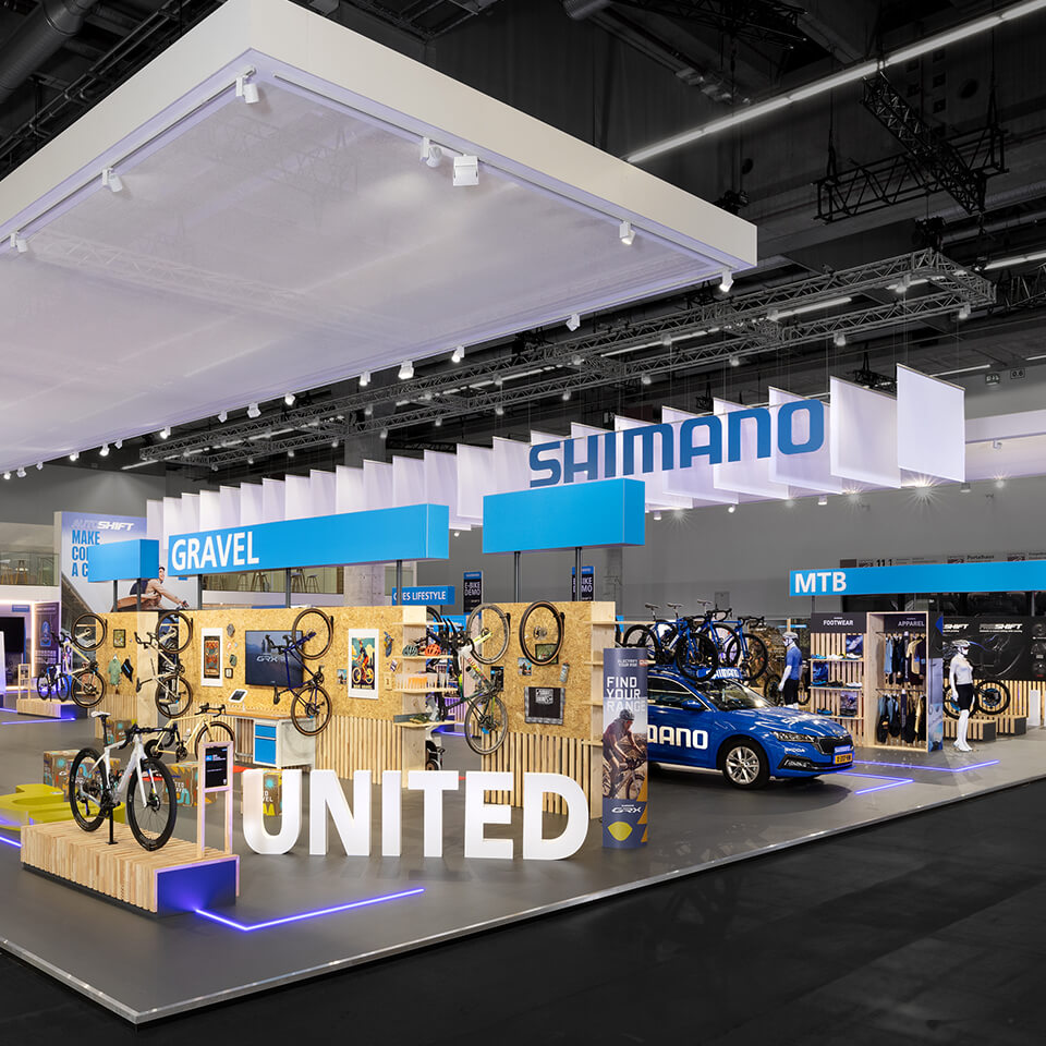 Stand builder Display International builds impressive stand for Shimano at Eurobike 2024 in Frankfurt.